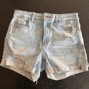 Zenana Outfitters Light Blue Distressed Denim Shorts